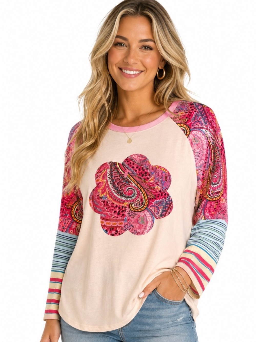 Rosa Clothing NWT BOHO LONG SLEEVED TOP PINK AND WHITE L